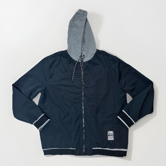 Ecko Unltd Jacket Men’s XXL Black Hooded Zip Up Grey Hood Lined Pockets - Picture 1 of 9